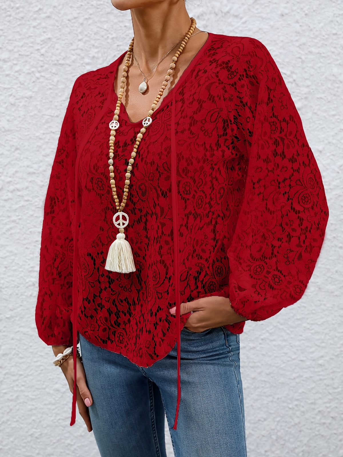 Ladies' clothing, casual fashion, elegant, transparent, solid color long sleeved, lace, solid color shirt - Red