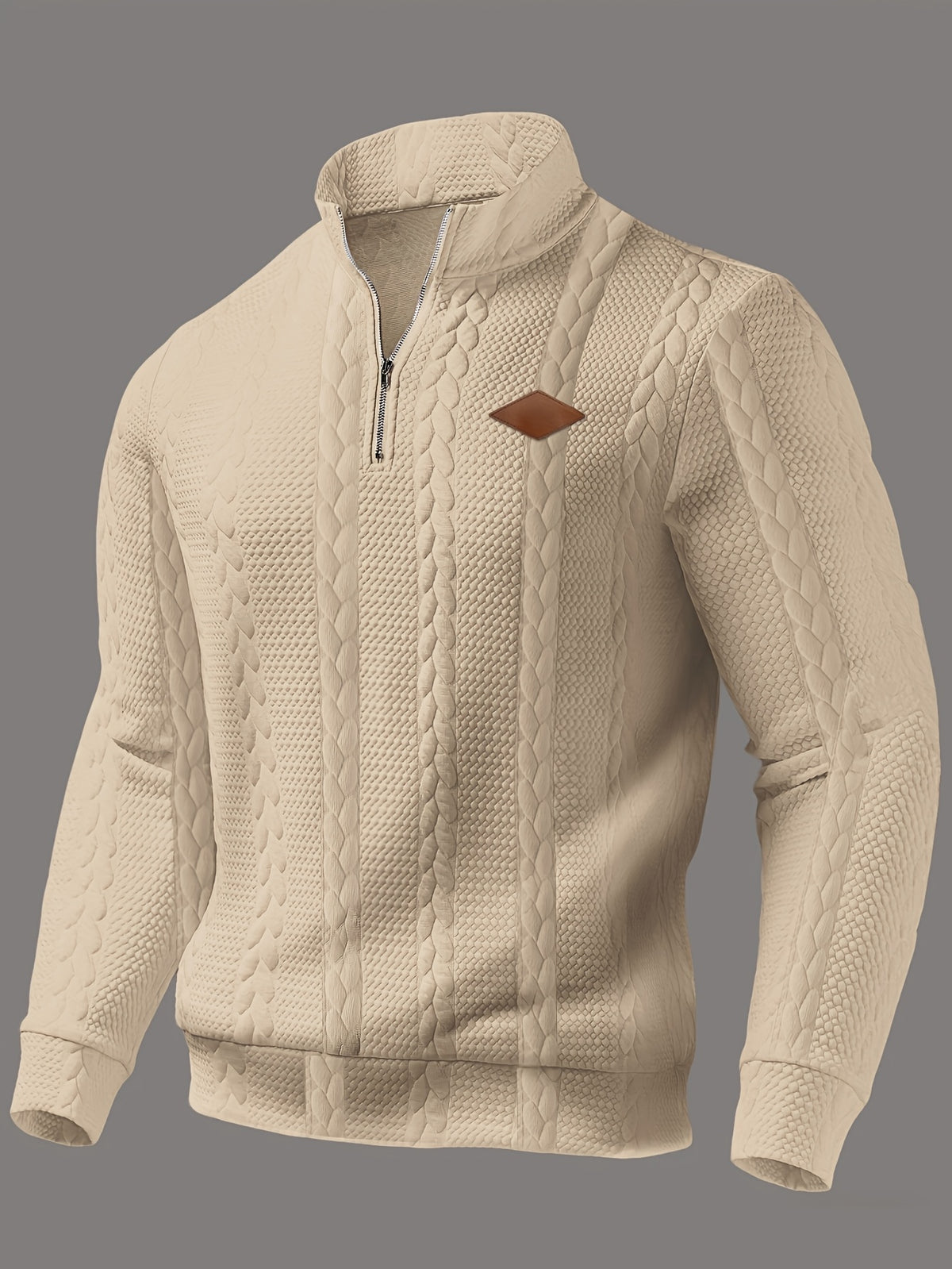 Men'S Casual Polo, Zip-Up Collar Pullover, Men'S Henley Shirt, High-Weight Fabric, Textured Material - Khaki