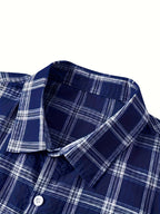 Men's casual 100% pure cotton striped checked shirt (suitable for casual wear during outings and weekend parties) Short-sleeved pocket design, button-down top - Royal Blue