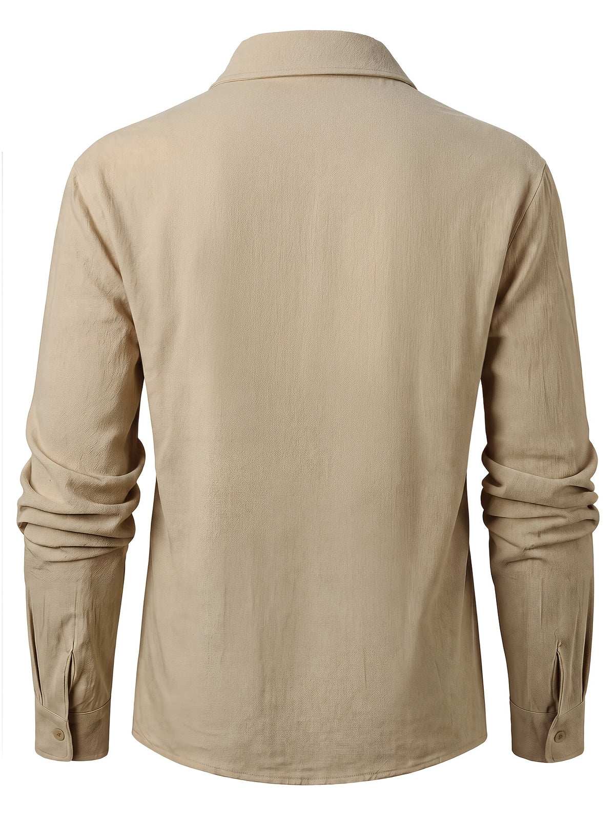 Men's Vintage Lace-Up Lapel Long-Sleeve Linen Shirt Casual Pullover Textured Shirt - Khaki