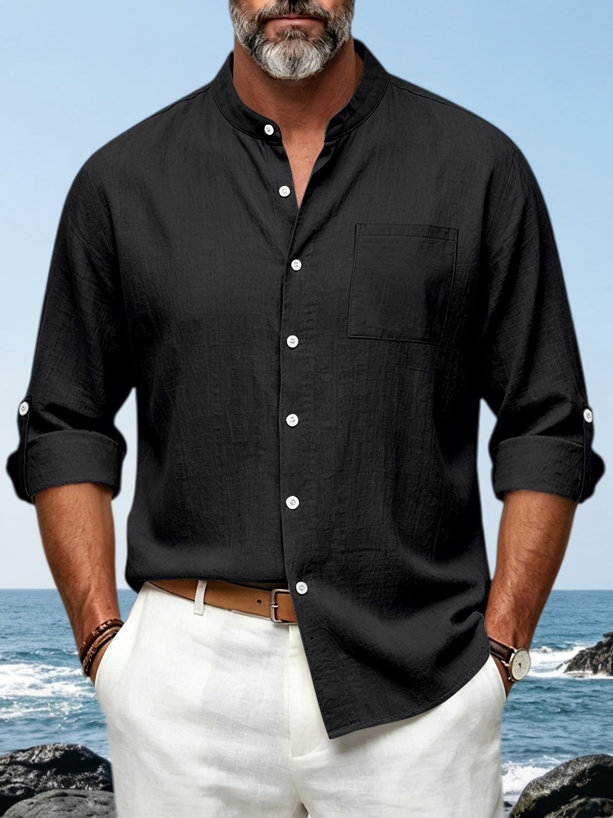 Men's Spring/Autumn Linen Loose-Fit Casual Simple Breathable Button-Front Roll-Up Sleeve Long-Sleeve Stand Collar Shirt - Black