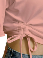 1pc of New Women's Short-sleeve Round-neck T-shirt with Cat Print and Drawstring - Peach