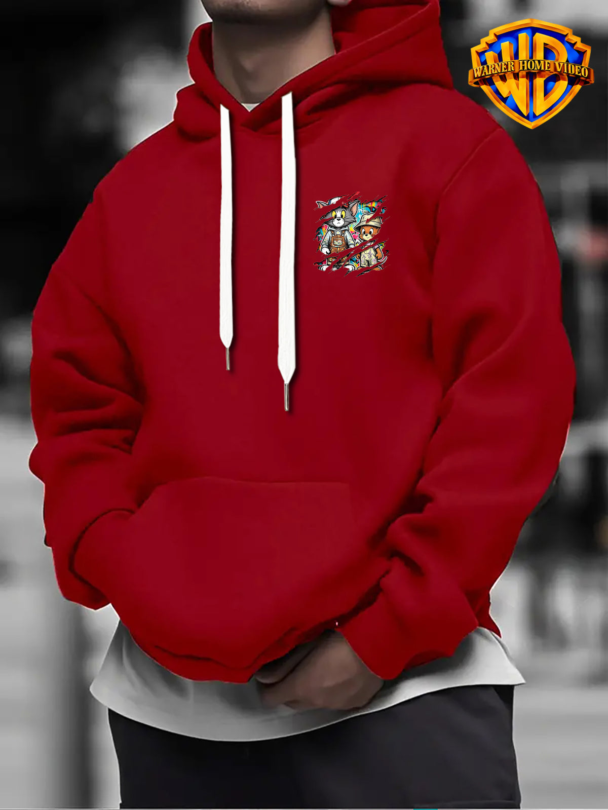 Warner Bros Official 1pc Vintage Painted Cartoon Character Trendy Casual Hoodie - Men's Fashion Hoodie, Adjustable Drawstring Loose and Comfortable Sweatshirt, Suitable for Daily and Outdoor Sports Wear, the Perfect Choice for Warmth in Autumn - Red