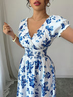 V-neck Ruffle Design, Floral Print Fabric, Elastic Waist Slim-Fit Short Sleeve Women's Dress, Elegant Party Wear, Date Night - Mixed colors