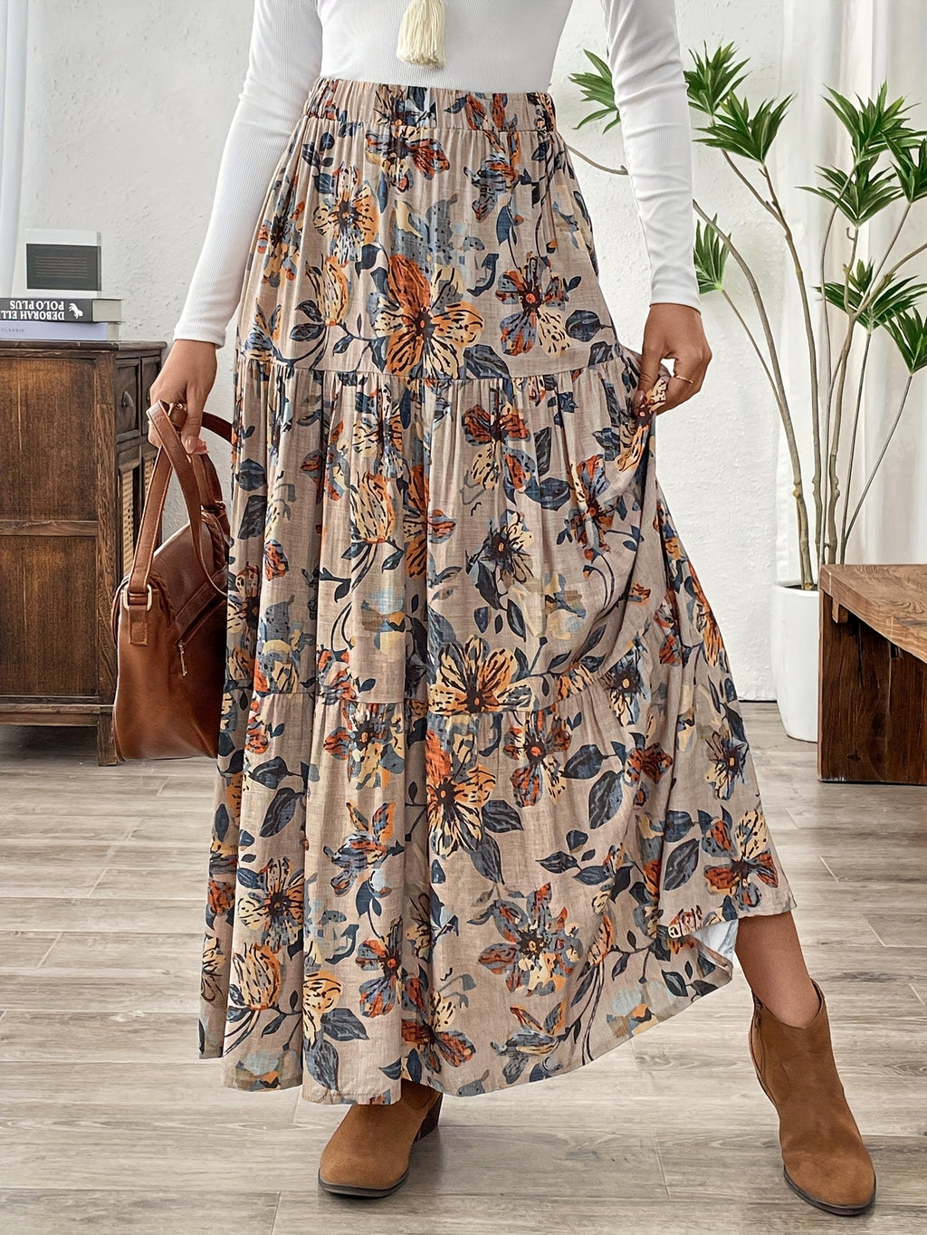 Vintage Pleated Floral Print Skirt for Women, New High-Waist Flared A-Line Cake Skirt Long Dress - Mixed colors