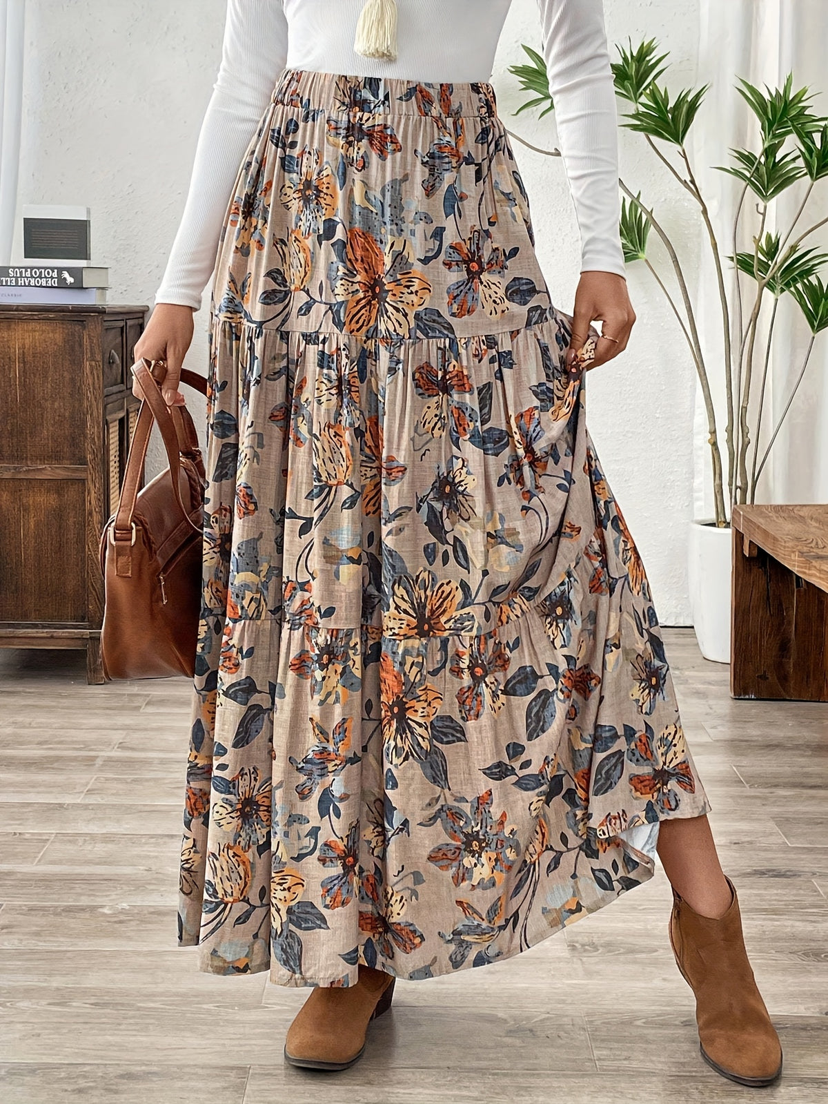 Vintage Pleated Floral Print Skirt for Women, New High-Waist Flared A-Line Cake Skirt Long Dress - Mixed colors