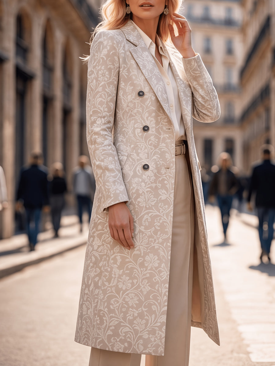 Women'S Spring Autumn New Vintage Printed Long Blazer, Double-Breasted Coat with Lining And Pockets - Milk Tea Color