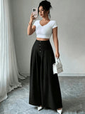 Women's Button-front Loose-fit Casual Wide-leg Pants, Simple and Stylish Solid-color Trousers for Daily Outings, Pairable with Various T-shirts, Jackets, and Trench Coats. Regular Thickness, Suitable for Spring, Summer, and Autumn - Black