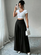 Women's Button-front Loose-fit Casual Wide-leg Pants, Simple and Stylish Solid-color Trousers for Daily Outings, Pairable with Various T-shirts, Jackets, and Trench Coats. Regular Thickness, Suitable for Spring, Summer, and Autumn - Black