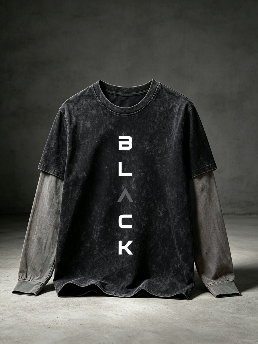 Men's 2-in-1 Look Long Sleeve T-Shirt, Vintage Washed Vertical Stripe BLACK Letter Print with Contrast Gray Sleeves, American Street Style Loose Fit Casual Long Sleeve T-Shirt - Black
