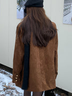 Fashion Women'S Faux Suede Mid-Length Blazer, Lapel Single-Button Jacket with Flap Pockets And Cuff Buttons, Suitable for Outdoor Travel, Street Style, And Autumn Casual Outfits - Coffee Color