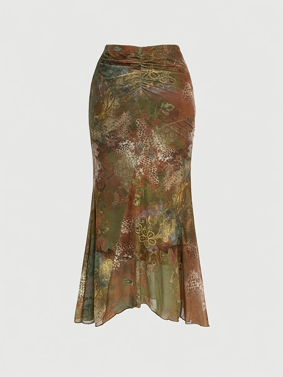 Hippie-style Women's Vintage Bohemian Asymmetrical Hem Paisley Print A-line Skirt, Spring/Summer Collection, High-Waist Ruffled Asymmetrical Hem Midi Skirt, Tie-Waist Wrap Skirt, Asymmetrical Hem Skirt - Brown