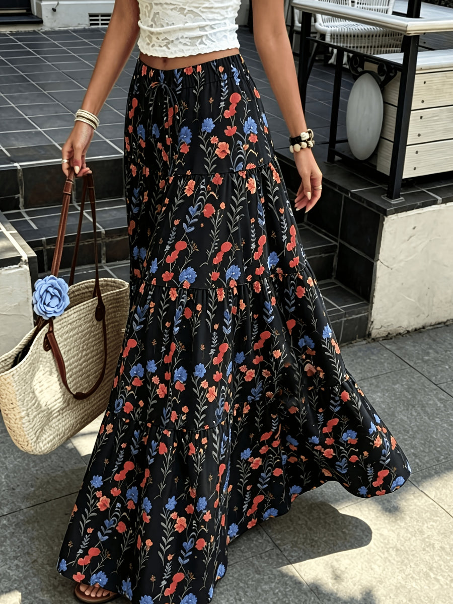 Women'S Autumn Vacation Country Style Floral Long Half Skirt, Commute Daily, Outing Wear, with Drawstring Detail, Spring Summer Fall Winter All Seasons - Polychrome