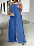 Square Neck Loose Jumpsuit | Non-Stretch Fabric, Ruffle Details, Long Length, Perfect For Adult, Casual Style For Spring/Summer/Fall - Blue