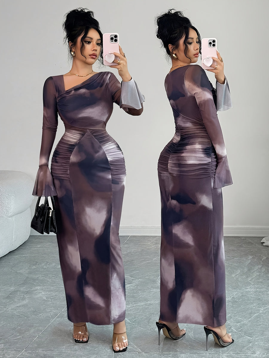 Elegant And Fashionable New Adult Women'S Autumn And Winter Floral Tie-Dye Print Notched Collar Long-Sleeved Flared Sleeve Slim Fit Waist Pleated Hip-Hugging Sexy Dating Commuting Vacation Dating Valentine'S Day Long Dress - Reddish Brown