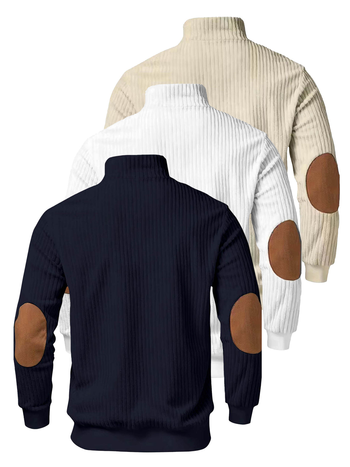 A 3pcs Men's Top Featuring Ribbed Cable-knit with Brown Block Design, Stand-up Collar, and Zipper Closure, Suitable for Both Daily Commutes and Formal Occasions, Offering a Casual yet Elegant Look - Apricot + white + navy blue