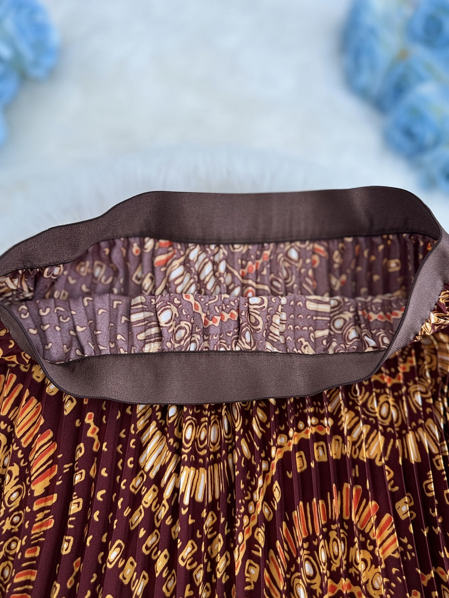 Summer High-End Print Long Dress Pleated Large Swing Skirt - Coffee Brown
