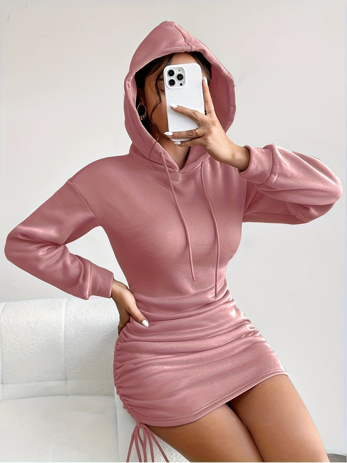 Youduomi Women's Vintage-Style European/American V-Neck Hooded Long-Sleeve Dress, Spicy Spring/Autumn Outerwear, Drawstring Gathered Waist, Slim-Fitting, Hip-Hugging Mini Dress Q148 - Peach