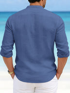 Men'S Casual Faux Linen Stand Collar Long Sleeve Shirt, Breathable And Comfortable Fabric, Suitable for Daily Wear, Travel, And Beach Vacations, Machine Washable Regular Fit, Easy Letter Print Design, Fashionable And Versatile Top, Ideal Gift - Navy Color