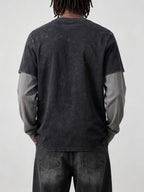 Men's 2-in-1 Look Long Sleeve T-Shirt, Vintage Washed Vertical Stripe BLACK Letter Print with Contrast Gray Sleeves, American Street Style Loose Fit Casual Long Sleeve T-Shirt - Black