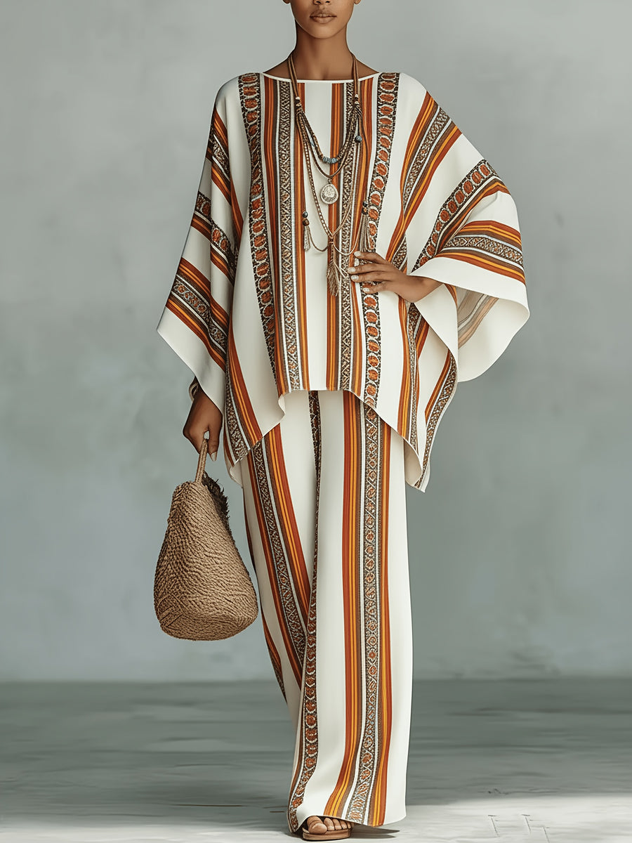 Spring And Autumn Casual Vacation Elegant Party Striped Printed Long Sleeve Set - Mixed colors