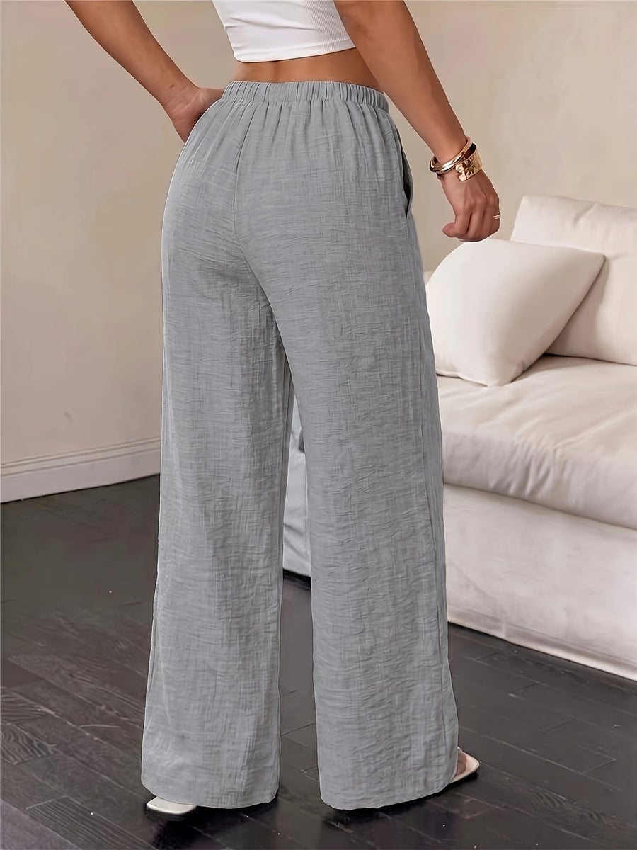 YY0514366 Women's Casual Versatile Solid Color Lace-Up Straight-Leg Pocket Wide-Leg Pants - Grey