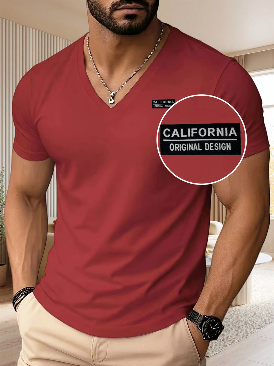 [180G 100C] Men'S V-Neck T-Shirt Solid Color Short Sleeve Top Casual Base Layer, "CALIFORNIA" Letter Print, Men'S All-Season Daily Wear, Father'S Day Gift, Back-To-School Season, Date Night, Designed Clothing - Red