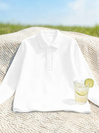 Fresh Solid Color Easy Lapel 3-Button Design Spring Autumn Casual Commute All-Match Men'S Long Sleeve POLO Shirt - White