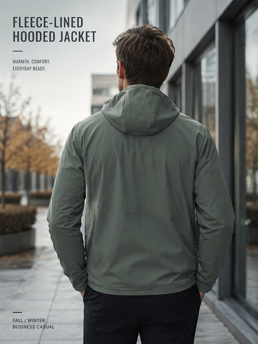 Men's Full-Zip -Lined Hooded Jacket, Lightweight Warm Softshell Outerwear, Men's Fashion Hoodie, Loose and Stretchy, Business Casual Outdoor Hoodie, Thermoregulating Top, Suitable for Office, Commuting, Travel, and Daily Autumn/Winter Wear - Green