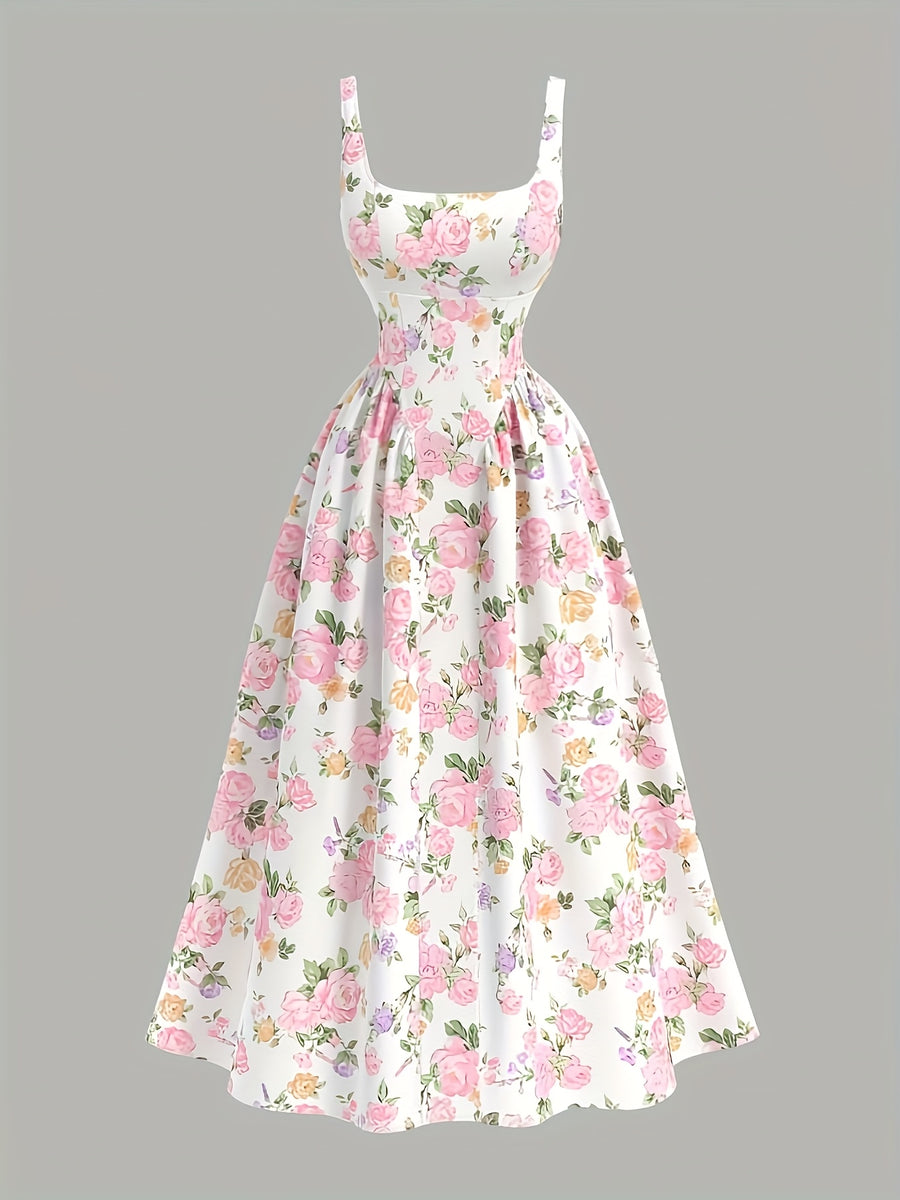 Women'S Elegant Back Bow Floral Print Dress - Mixed colors