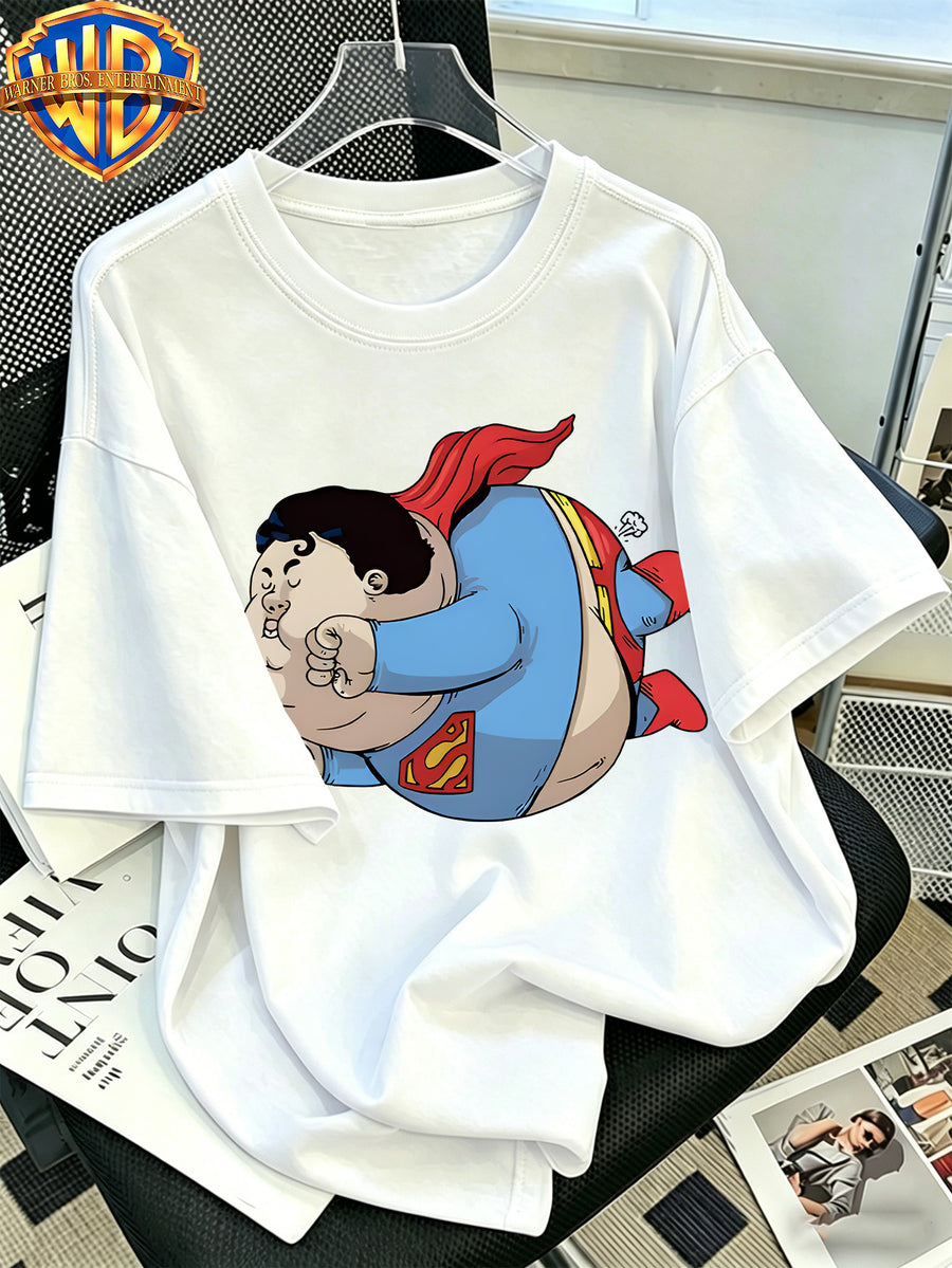 Warner Bros. Official Classic Chubby Superman Flying Print T-Shirt, Men'S 100% Casual Comfortable Multi-Functional Loose Summer Short Sleeve T-Shirt, Suitable for Outdoor Wear - White