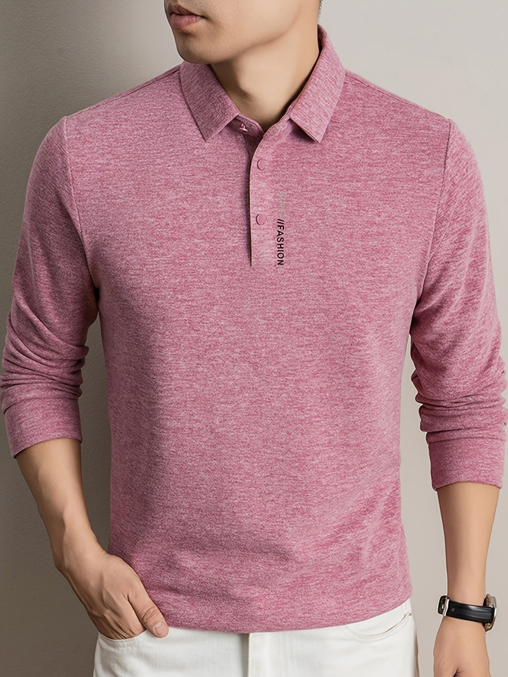 New Autumn 2026 Men's Long-Sleeve T-Shirt, Solid Color Lapel, Simple Daily Wear, Casual Polo Shirt - pink