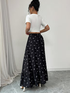 3125# Printed Bow Elastic Waist Long Skirt, Suitable for Outings And Casual Shopping - Black