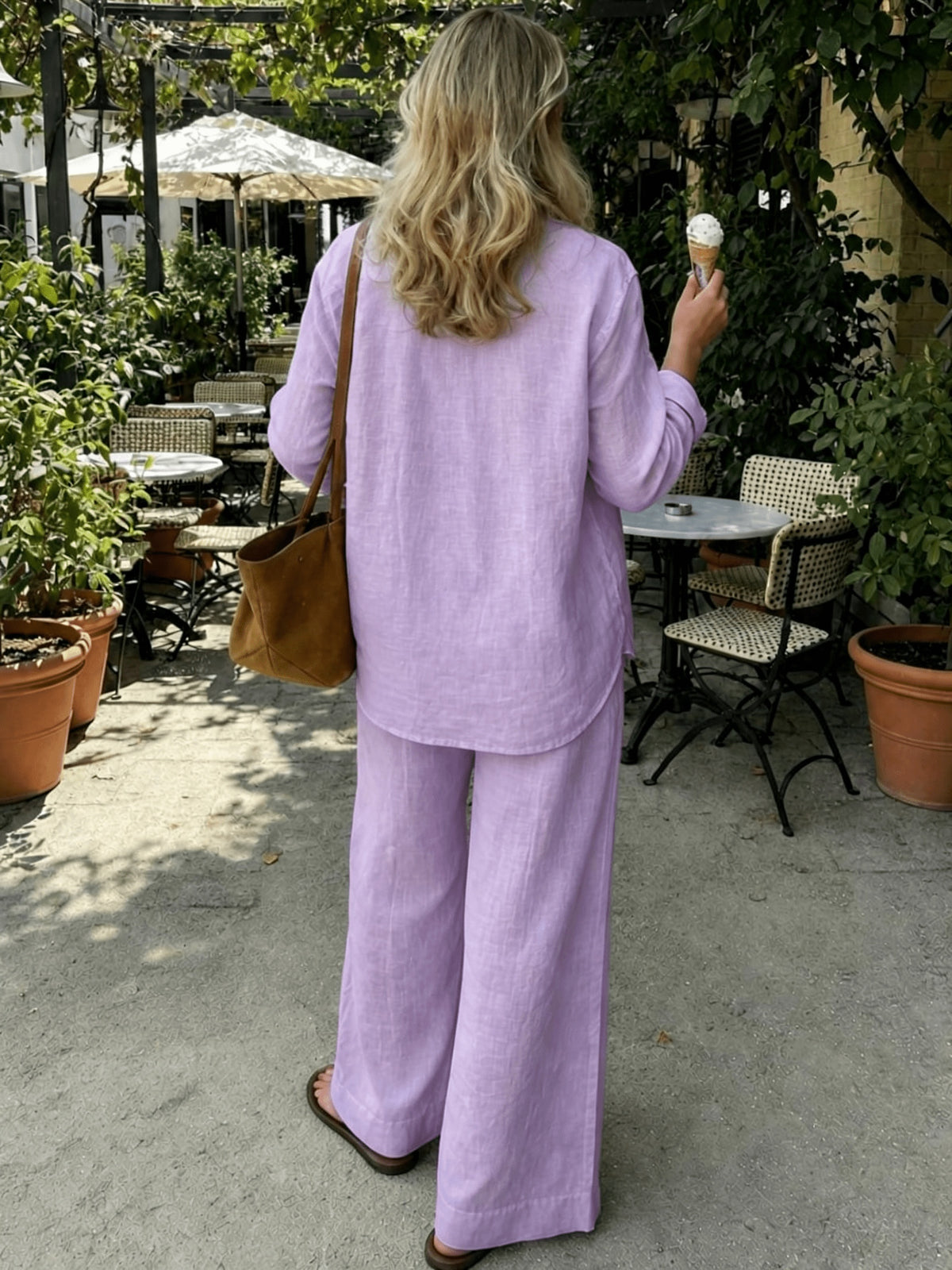 Old Money Style Women'S Pure Elegant Outfit, Suitable for Spring/Summer And Holidays | 2pcs Casual Set, Shirt And Wide-Leg Pants - Lavender