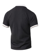Men's Fashion New Color-Block Polo Shirt with Collar, Jacquard Design, Soft Fabric, Versatile for Outdoor Streetwear and Beach Vacation Outfits - Black