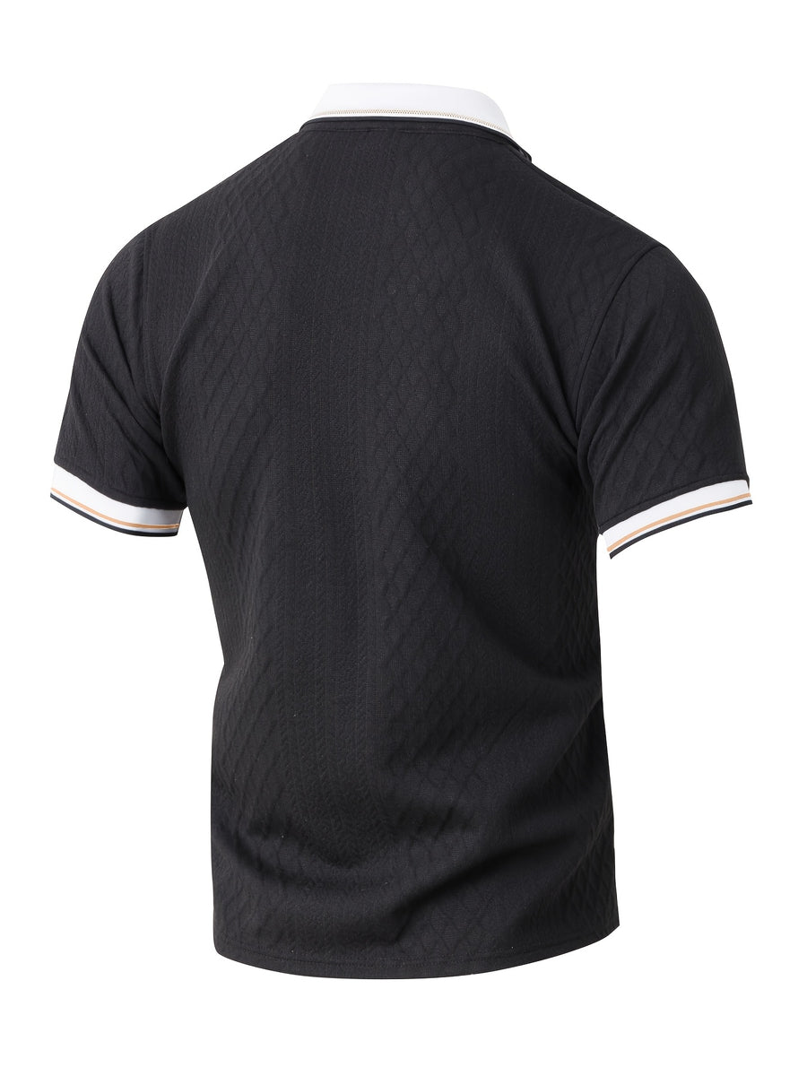 Men's Fashion New Color-Block Polo Shirt with Collar, Jacquard Design, Soft Fabric, Versatile for Outdoor Streetwear and Beach Vacation Outfits - Black