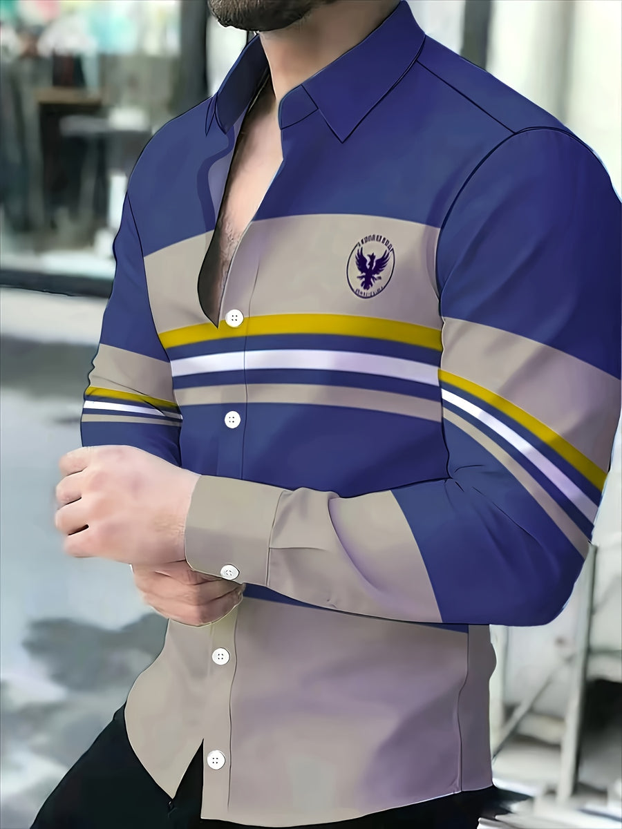 Men'S Color-Block Striped Long Sleeve Shirt, Casual Patchwork Design Fashion Men'S Top - Mixed Color 3