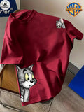Cartoon Pattern Print T-Shirt, Round Neck Design, Pure Short Sleeve Street Casual Wear. Easy And Comfortable, Versatile Summer Short Sleeve T-Shirt, Suitable for Men'S Outdoor Activities, Gym Studio, Office Daily Wear - Burgundy