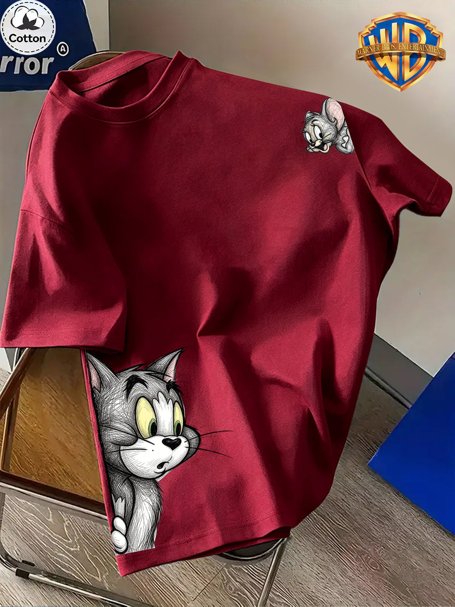 Cartoon Pattern Print T-Shirt, Round Neck Design, Pure Short Sleeve Street Casual Wear. Easy And Comfortable, Versatile Summer Short Sleeve T-Shirt, Suitable for Men'S Outdoor Activities, Gym Studio, Office Daily Wear - Burgundy