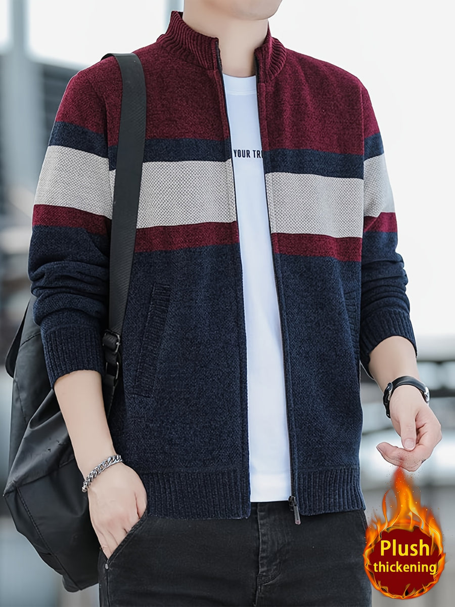 Men'S Autumn Winter Striped Contrasting Stand Up Collar, Thick Knit with Velvet, Zipper Jacket, Suitable for Autumn Winter Outdoor (Selected from Temujin) - Red