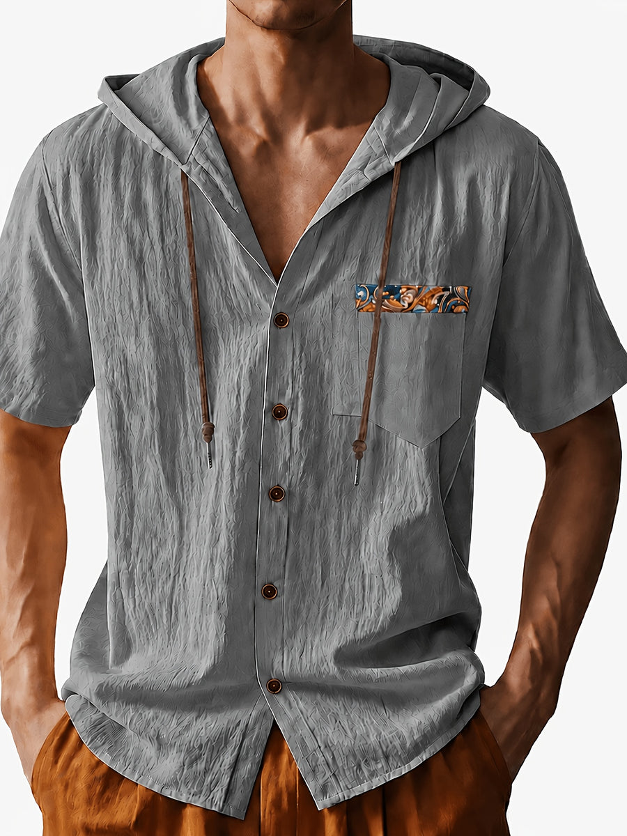 Men's Short Sleeve Hooded Shirt, Casual Button Hoodie Top with Chest Pocket, Lightweight Breathable Summer Shirt for Beach Vacation, Travel, Resort Wear, Outdoor Leisure, Streetwear Style and Daily Casual Outfit - Light Grey