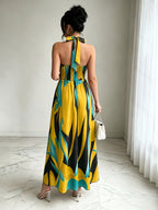 New French-Style Casual Elegant Sexy High-End Design V-Neck Backless Spaghetti Strap Waist-Revealing A-Line Slit Sleeveless Long Dress, Red and Green Floral Print, High-Quality Exquisite Women's Clothing - Yellow
