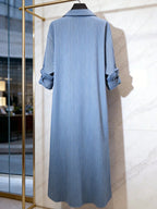 Zd260320142This New Women'S Fashion Blue And White Striped Long-Sleeved Shirt Dress Features a Two-In-One Button Design, a Loose Korean Style, And Is Versatile for Everyday Wear, Commuting, And Work - Blue