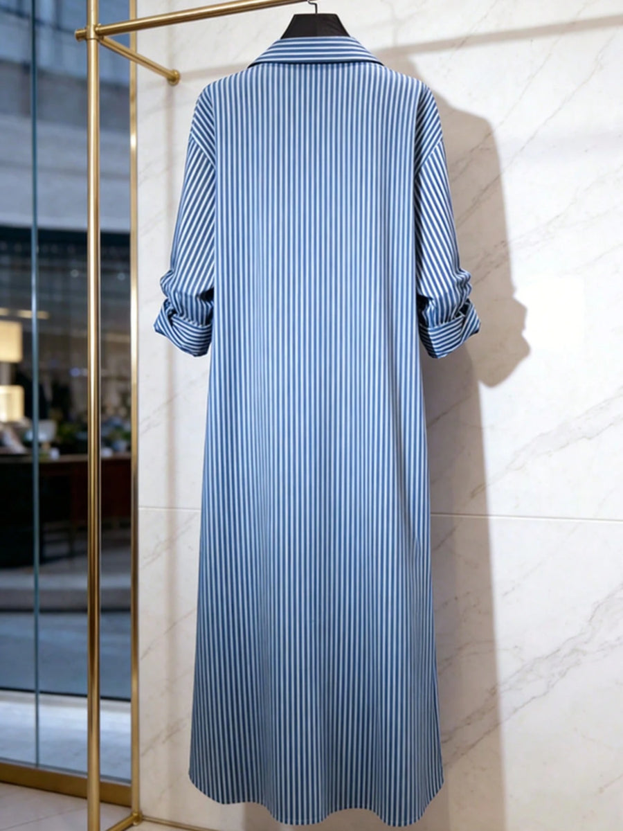 Zd260320142This New Women'S Fashion Blue And White Striped Long-Sleeved Shirt Dress Features a Two-In-One Button Design, a Loose Korean Style, And Is Versatile for Everyday Wear, Commuting, And Work - Blue