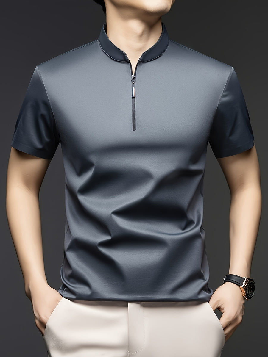 [Josh Mei Obm] Summer Men'S Solid Color Short Sleeve Zipper T-Shirt, Mid-Age Casual Stand-Up Collar Pullover Top - Grey