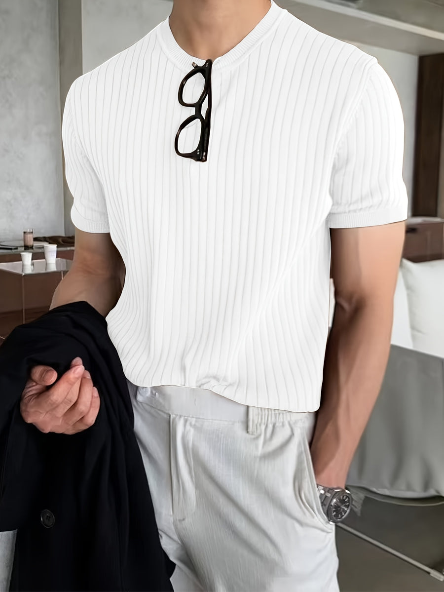 -Border New Men'S Small Pothole Striped Short-Sleeve Knit Sweater - White