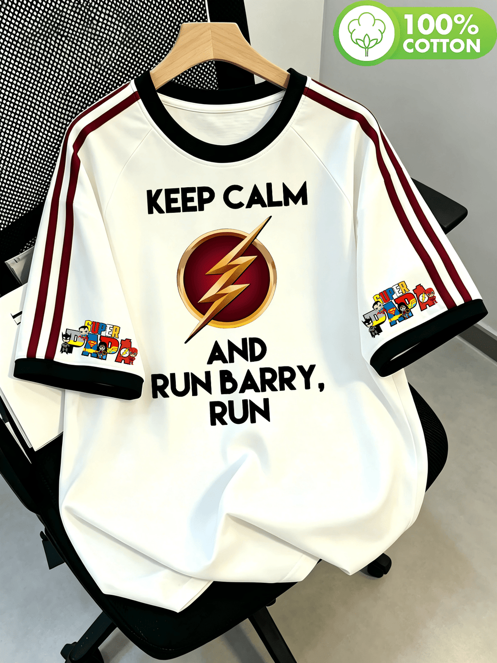 WB Warner Bros. Official License, New Men'S Double Stripe Shoulder Cutout 100% T-Shirt, Flash Barry Allen Classic Slogan Print Design, Men'S Casual Versatile T-Shirt, Suitable for Daily Wear And Outdoor Sports, Unisex - White
