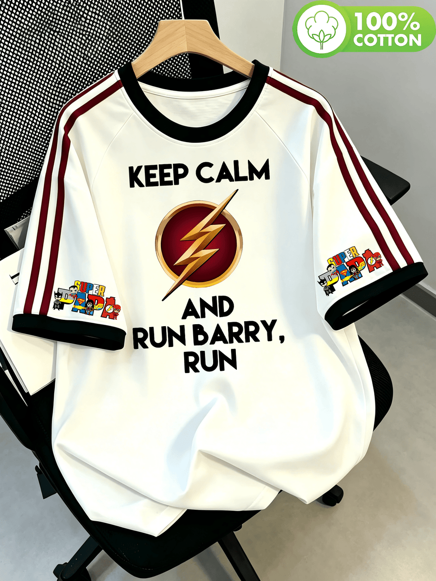 WB Warner Bros. Official License, New Men'S Double Stripe Shoulder Cutout 100% T-Shirt, Flash Barry Allen Classic Slogan Print Design, Men'S Casual Versatile T-Shirt, Suitable for Daily Wear And Outdoor Sports, Unisex - White