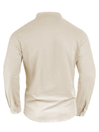 Men'S Linen Material Small Lapel Design Half-Open Button-Up Pullover Style Solid Color Casual Long Sleeve Shirt Suitable for Vacation Travel And Other Activities - Khaki