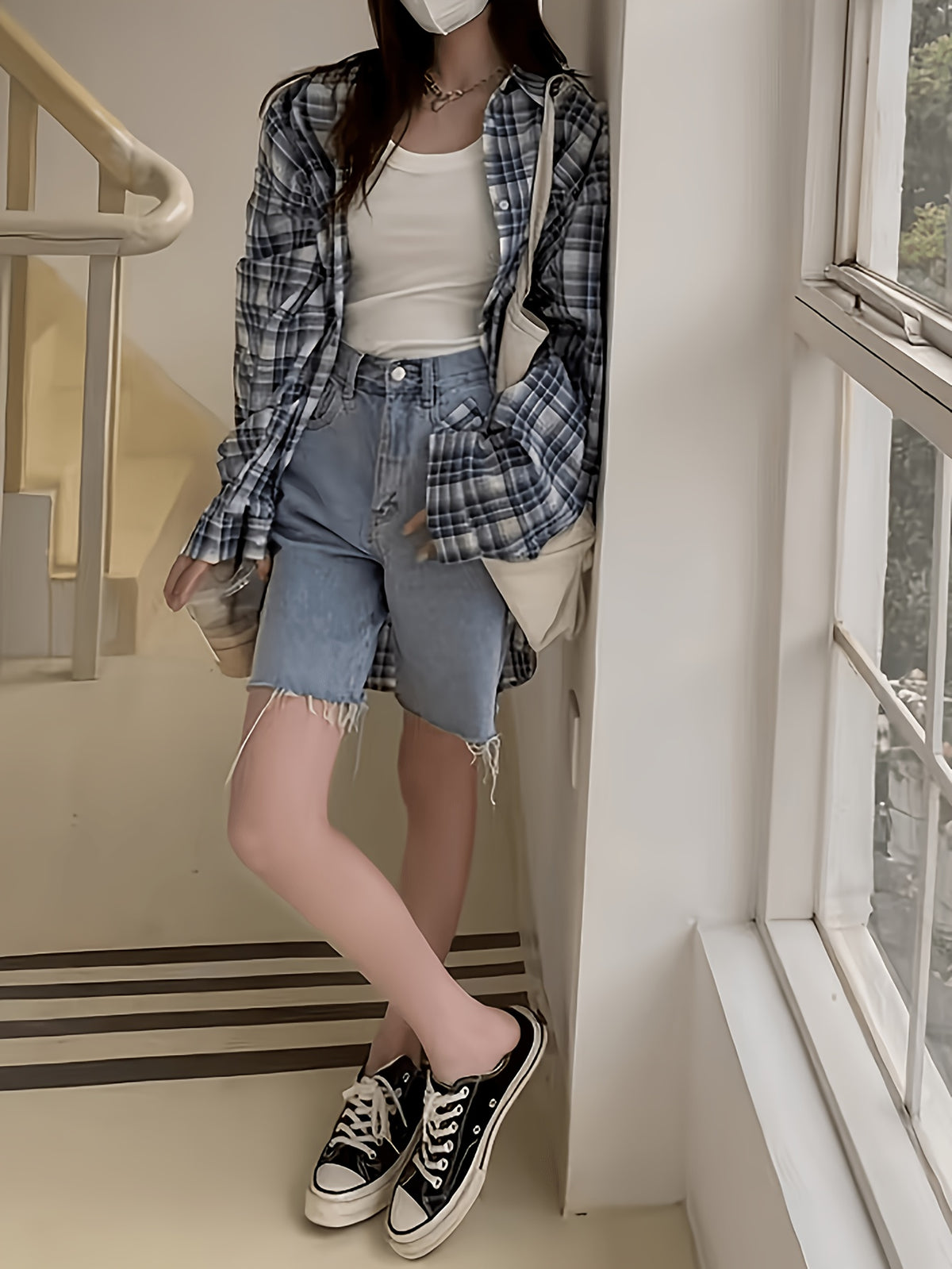 Women'S Shirt Multicolor Brushed Checkered Shirt Loose Top - Sea Blue